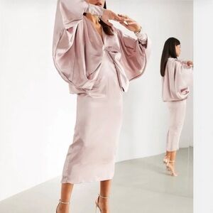 ASOS Extreme Komono Midi Satin Dress Rose Cocktail Flowy Formal NWT Size 4